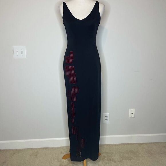 Shauna Stein- Long Black Dress w/Red Accent + Slit - Picture 1 of 4